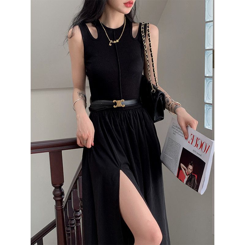 Gaun Panjang Gaya Perancis, Hitam Musim Panas Retro Gaun Dewi Rok Pas Pinggang Terpisah midi dress k