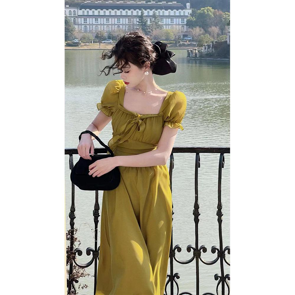 dress floral korea 【Gadis Tepi Danau】2023Gaun Musim Panas Wanita Mewah Ringan Kuning Mustar Kerah Pe