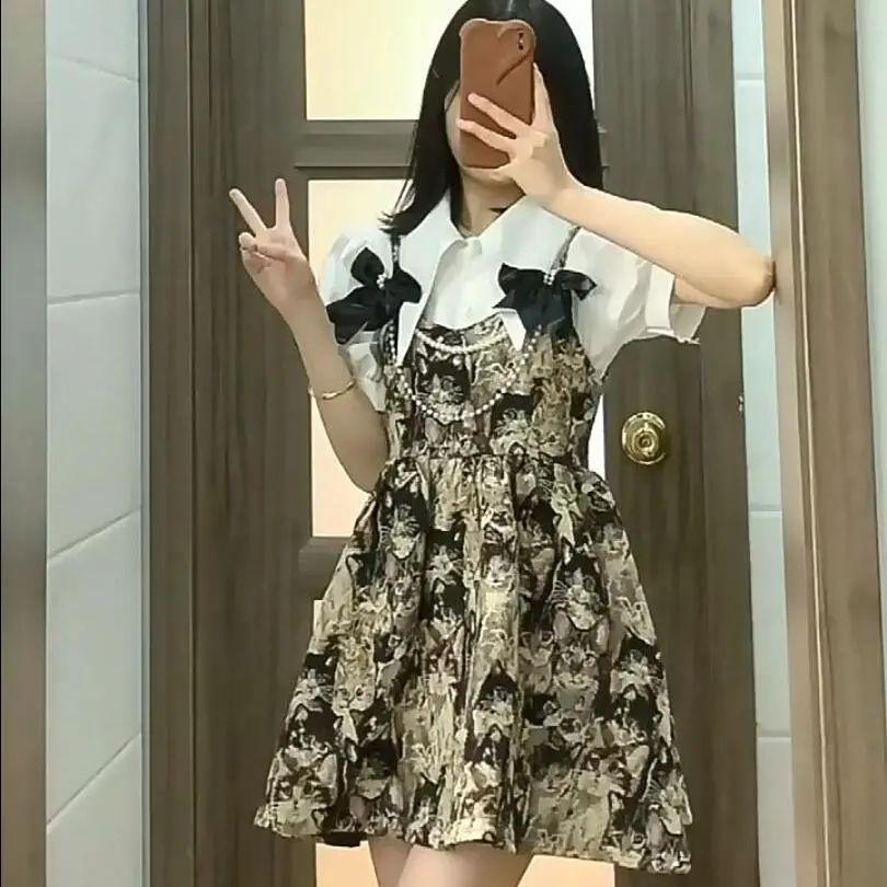 2023Setelan Dua Potong Gaya Klasik, Gaun Tali Kucing Gaya Barat Kemeja Putih midi dress korea dress