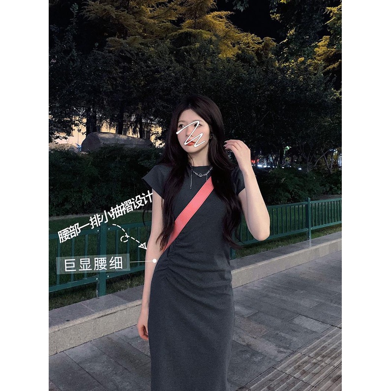 dress floral korea Lengan Pendek Kasual Panjang, Tinggi Dipanjangkan, Pinggang Lipit, Lurus Murni Ke