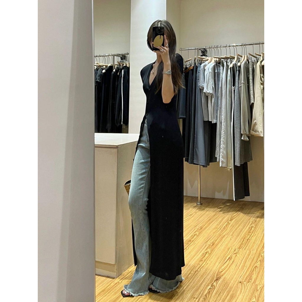 DalamVCardigan Rajut Wanita Lengan Pendek Dress2023Fashion Slim Fit Gaun Panjang midi dress korea dr