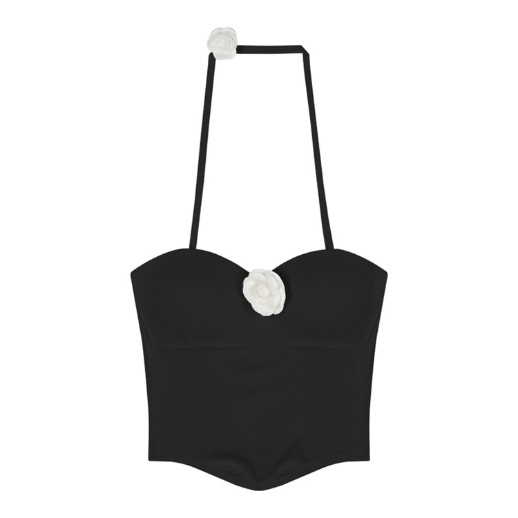 ☋Suhao hitam bunga tabung atas rompi perempuan musim panas hot gadis ramping dan seksi dengan dada pad inner memakai pendek top crop top sexy tank top wanita motif