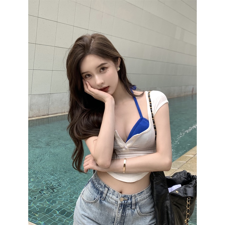 ✥Suhao hot girl u-neck lengan pendek T-shirt wanita musim panas keinginan murni putih ketat seksi tidak teratur slim pendek bottoming shirt crop top sexy tank top wanita motif