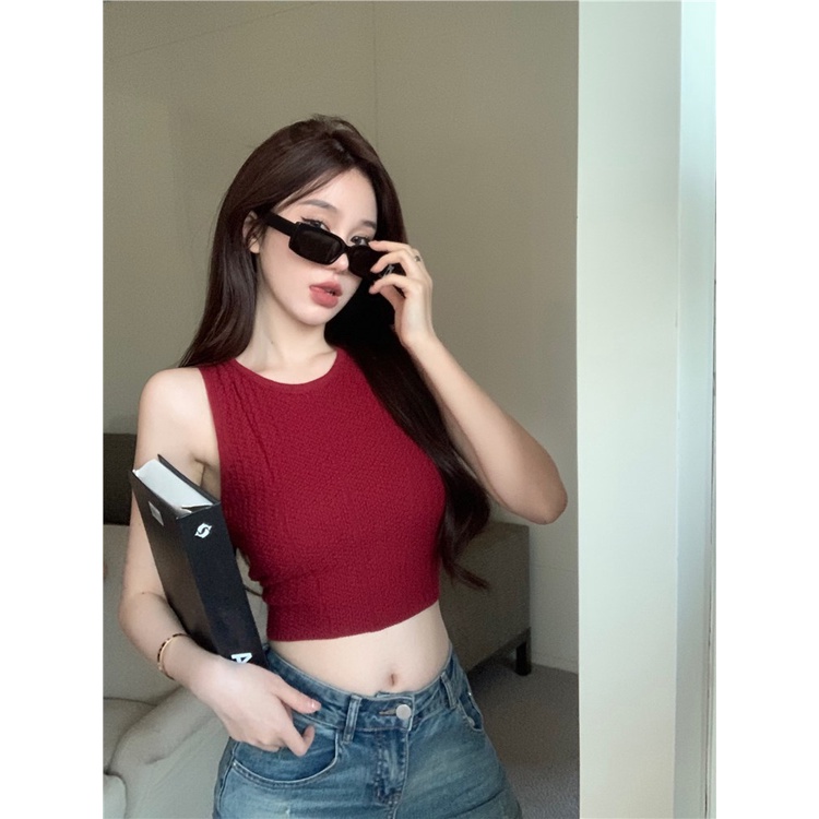 ﹊♨Suhao babes rajutan kamisol wanita pakaian dalam musim panas tanpa lengan seksi berbentuk pembalap slim top pendek pakaian luar bottoming shirt crop top sexy tank top wanita motif