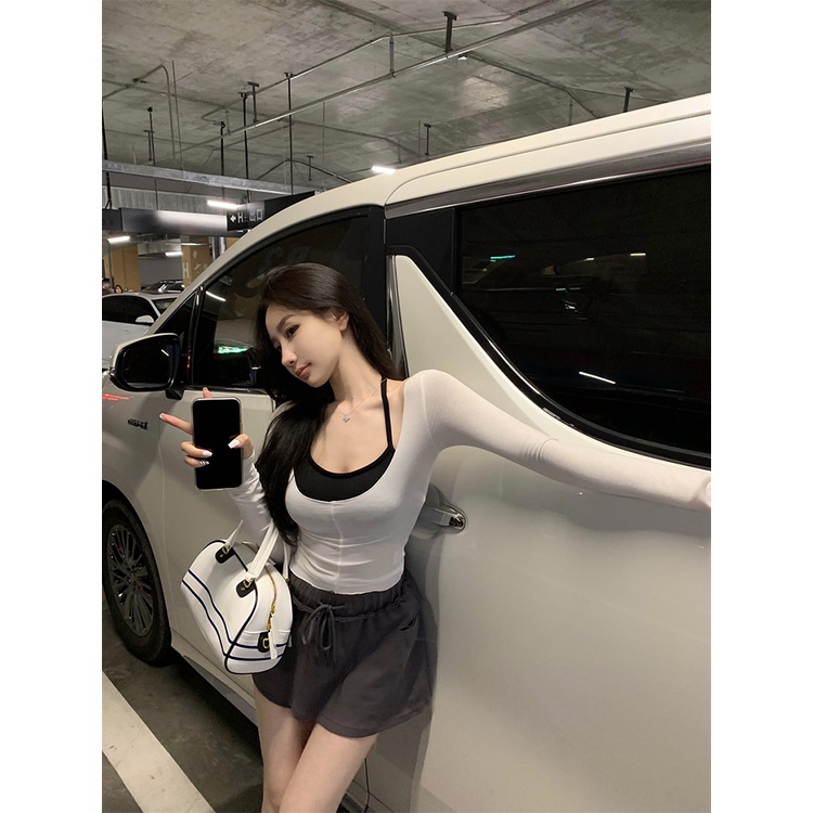 ❀◈✐Suhao fashion suit sexy layered slim T-shirt short top women s spring hot girl halter neck camisole two-piece set crop top sexy tank top wanita motif