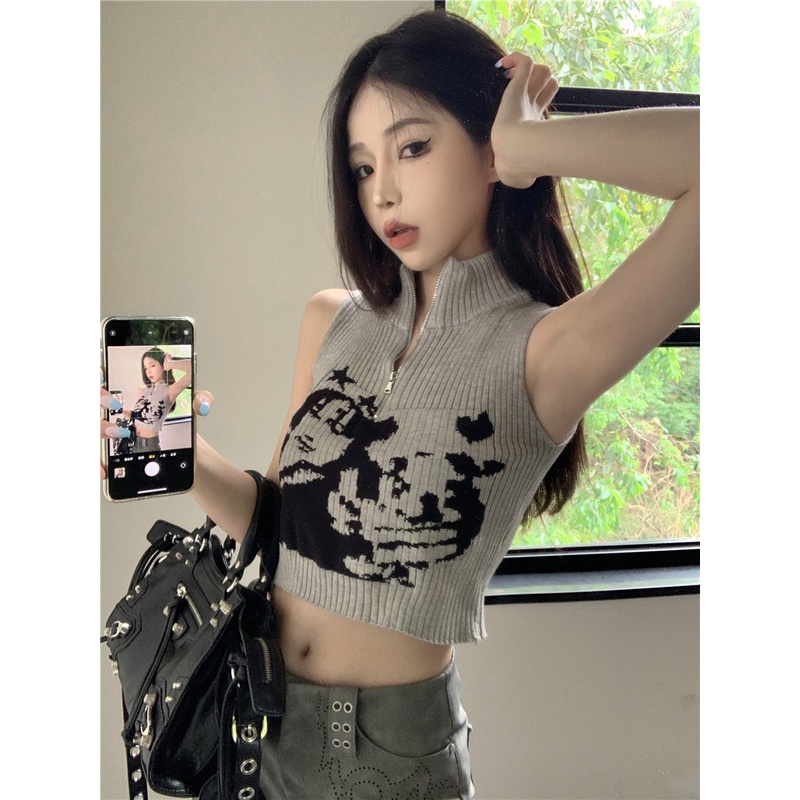 ✱☒☎Suhao American Retro Rajutan Kamisol Wanita Musim Panas Abu-abu Cetak Ritsleting Desain Tinggi Kerah Pendek Top Pakaian Crop Top Sexy Tank top Wanita Motif