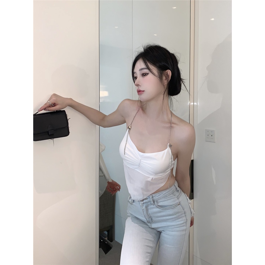 ☾Suhao murni keinginan rantai menggantung leher kamisol musim panas wanita tali tidak teratur manis hot gadis pakaian luar seksi pendek top crop top sexy tank top wanita motif