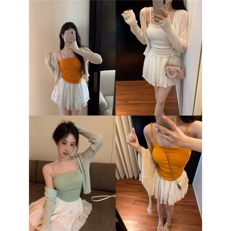 ✁✺Suhao balet setelan gaya kamisol tabir surya rajutan cardigan mantel rok musim panas wanita rok pendek rok tiga potong crop top sexy tank top wanita motif