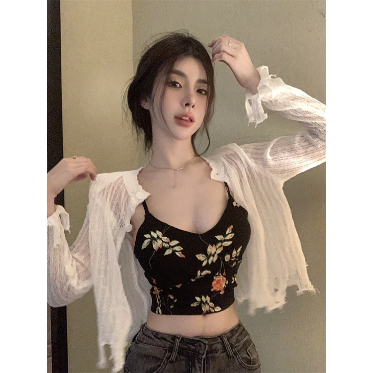 ■ஐ♞Suhao manis hot gadis hitam floral kamisol wanita musim panas retro v-neck self-budidaya seksi pendek inner top top pakaian luar crop top sexy tank top wanita motif