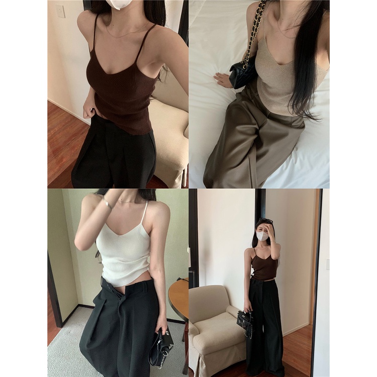 ﹊▣Suhao manis hot gadis rajutan kamisol wanita musim panas keinginan murni gaya slim sexy bottoming kemeja pendek top pakaian luar crop top sexy tank top wanita motif