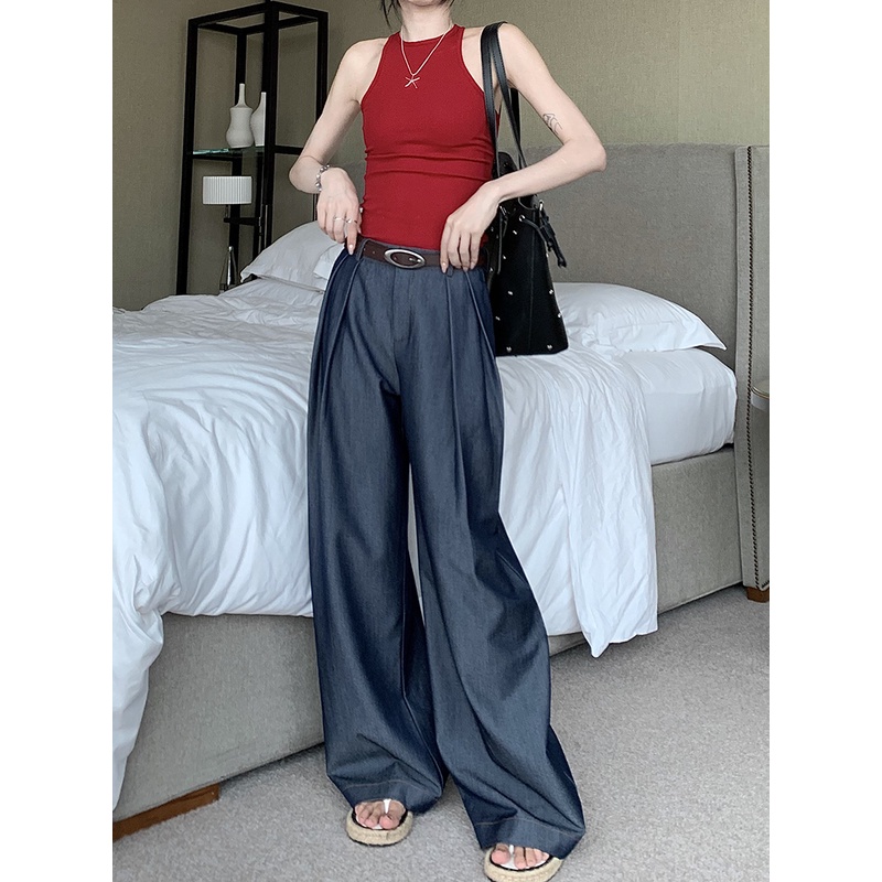 ◕Suhao retro jeans lipit wanita musim panas baru pinggang tinggi longgar slim lurus celana menggantungkan kasual mengepel celana crop top seksi tank top wanita motif