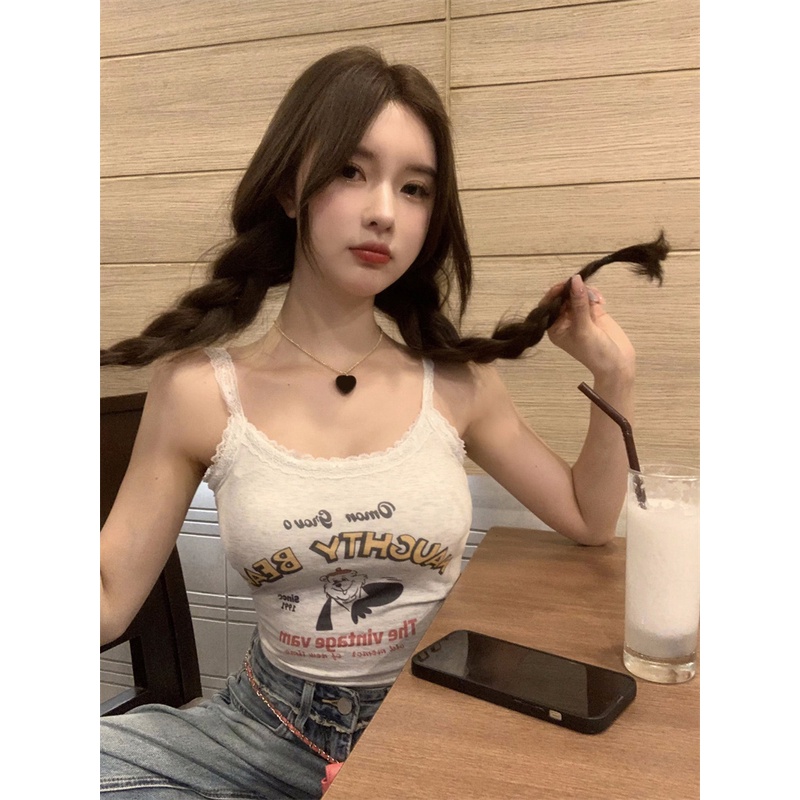 ✽Suhao manis keren hot gadis renda renda kamisol wanita musim panas batin cetak ketat slim fit pendek top pakaian luar crop top sexy tank top wanita motif