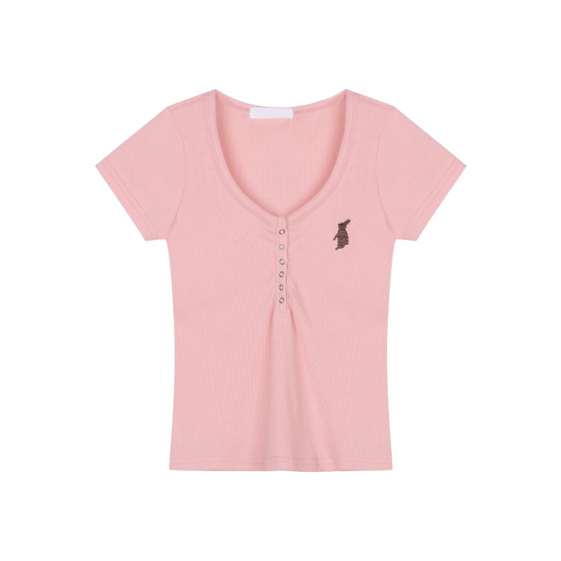 Red Putih Lembut Bahu Lengan Pendek T-shirt Wanita Musim Panas Kecil Atasan Leher U Slim Fit dan Tipis Pendek Kemeja