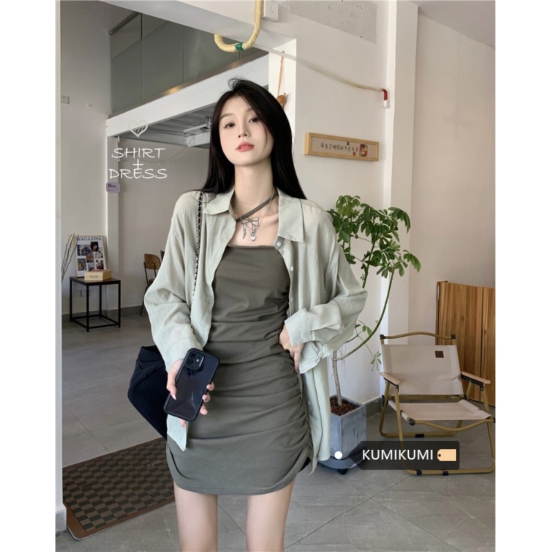 ♟Gaun Musim Panas Pantai Amerika Manis dan Pedas Suit Perempuan Perlindungan Matahari Mantel Kemeja Top Musim Panas Goreng Street Rok Suspender Gaun dua Potong Set