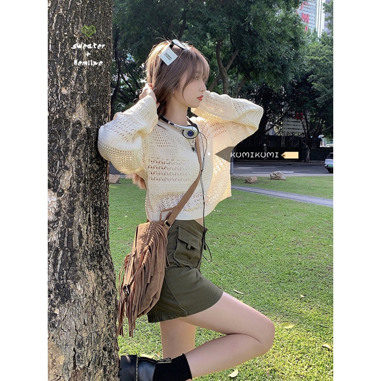 Red Sweet and cool hot girl suit summer hollow knit sweater top women s workwear denim skirt skirt fashion two-piece suit