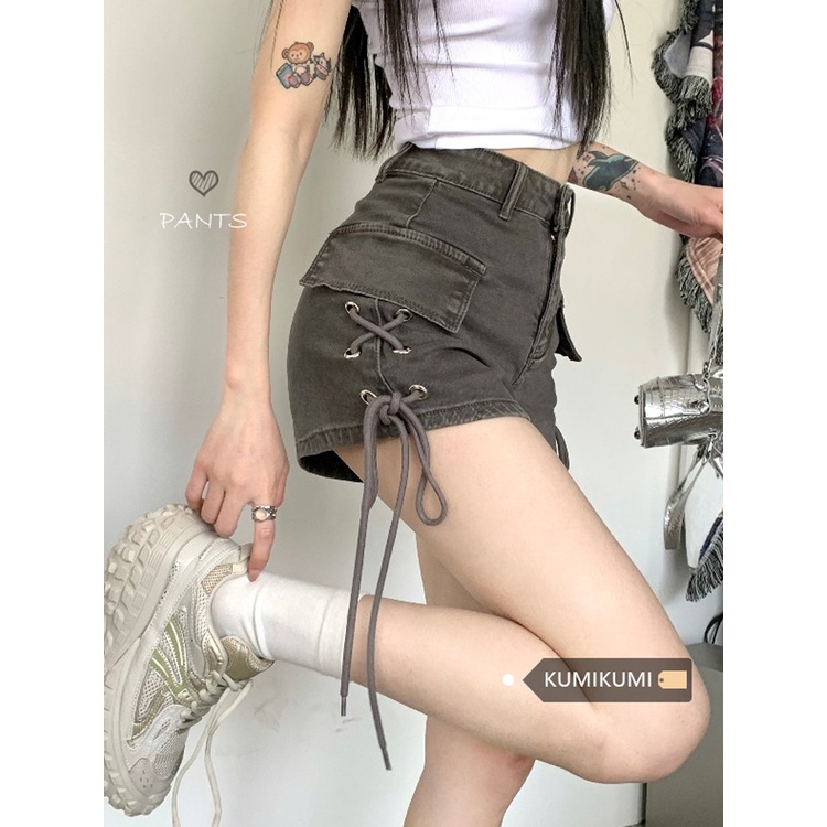 Red Abu-abu pinggang tinggi tipis celana A-line celana jeans perempuan musim panas hot gadis rasa desain serut celana super pendek ins