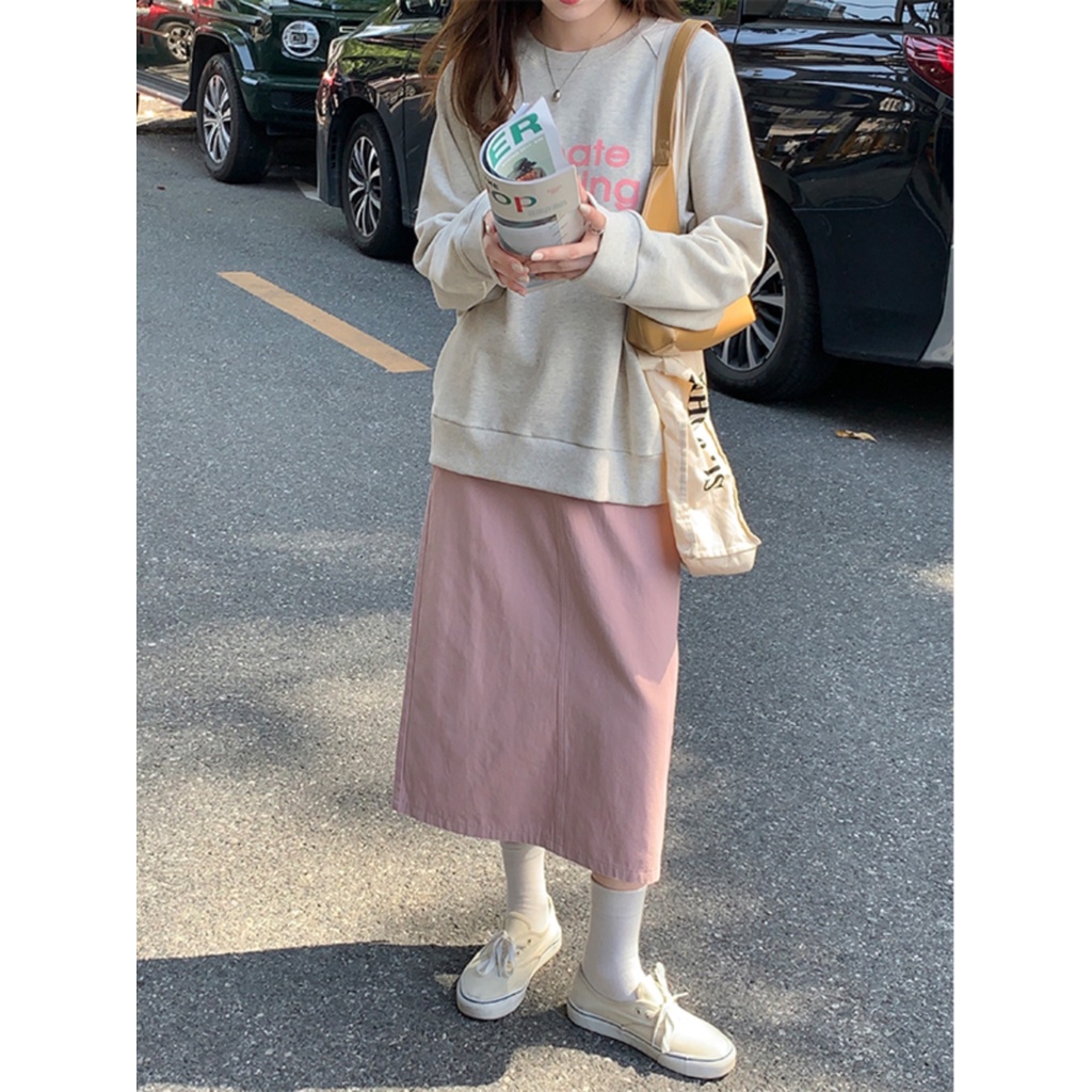 Red Akal desain ceruk celah lurus rok wanita musim panas pinggang tinggi pelangsing all-match a-line rok panjang rok merah muda