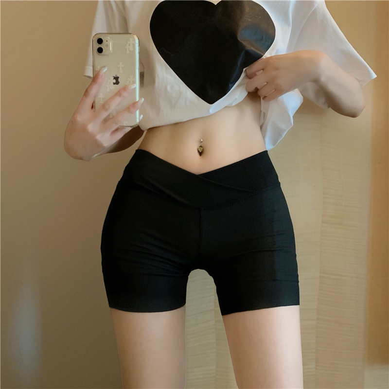 Red Celana pengaman sutra es hitam wanita musim panas non-curling celana anti-ringan legging luar memakai celana pendek perut mulus