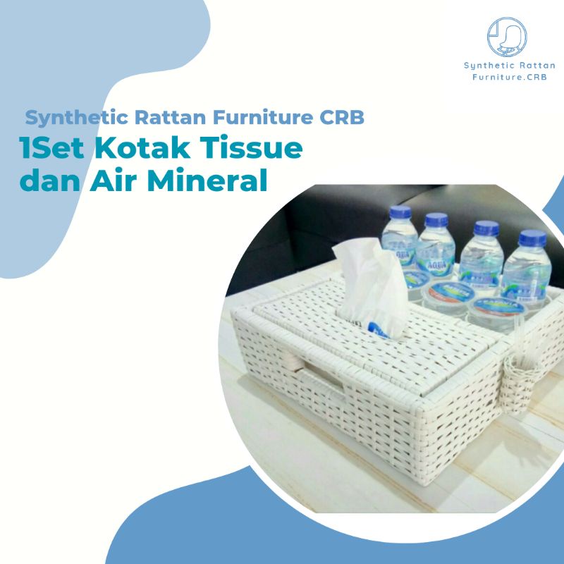 Keranjang Air Mineral Gelas Rotan Sintetis 2 in 1 Isi 8 Cup + Kotak Tissue Unik Wadah Aqua Gelas Pla