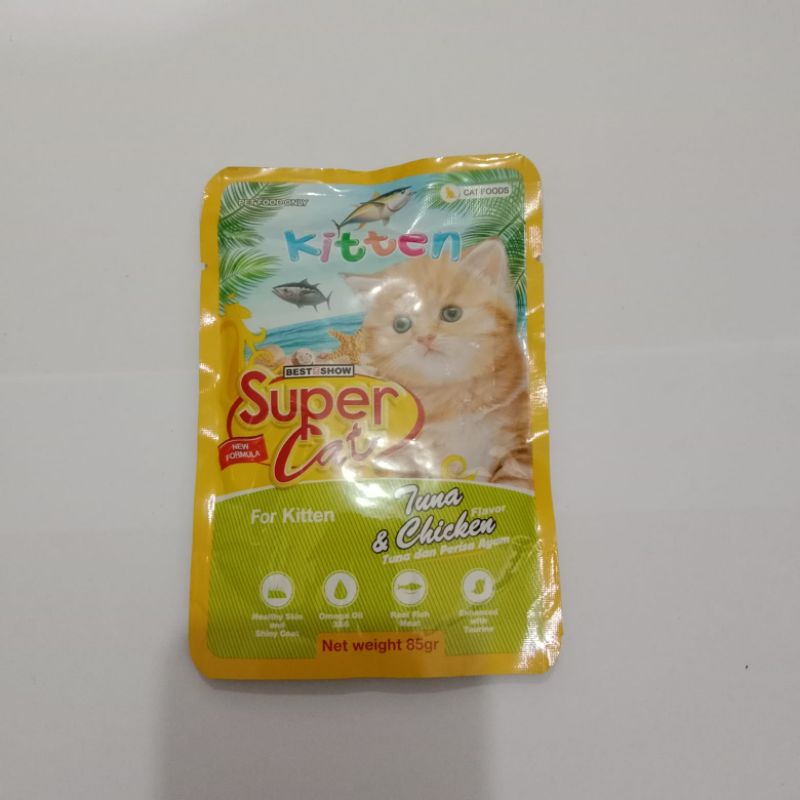 Super cat sachet 85gr Paket 24pcs kitten Tuna&amp;Chicken Makanan pouch kucing  SUPER CAT