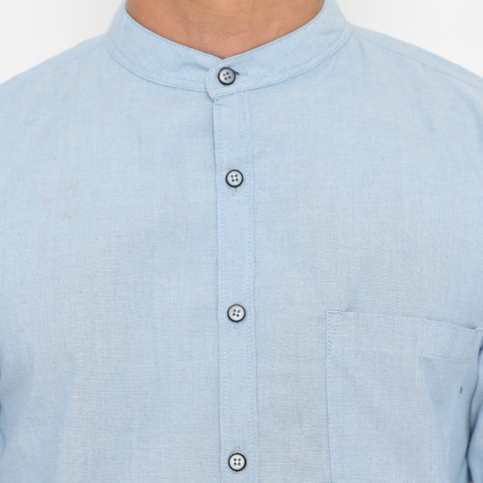 Kemeja Pria Code Male - Zayn Kemeja Pria Basic Kerah Shanghai Koko Biru Panjang - Biru, L(M9G4) Keme