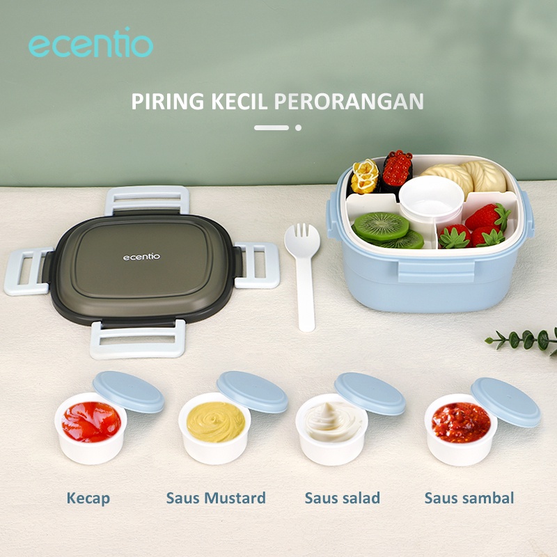 ecentio 1.6L tempat makan anak 2/3 susun anti tumpah icy block biru dan salad box/lunch box set double-layer 1600ml tempat bekal/Free sauce cap/Free sendok set