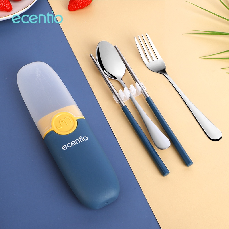 ecentio Set alat makan 2/3/4pcs Travel Cultery Sendok Garpu Sumpit Jerami Wheat Straw Sendok Garpu Set sendok stainless/plastik 3 In 1