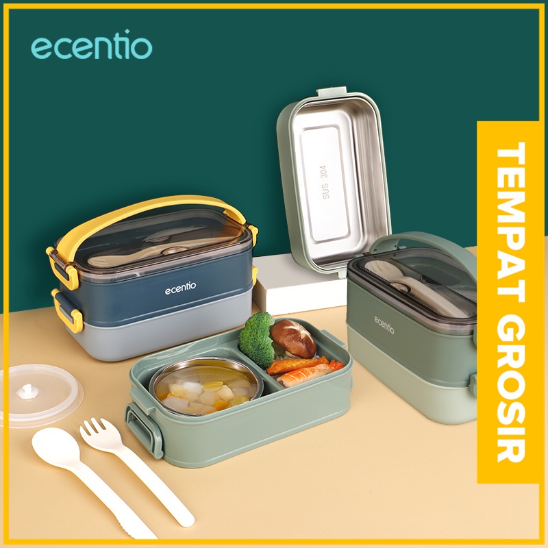 ecentio lunch box tahan panas anti bocor tempat makan stainless steel 2 susun 1200ml dan mangkuk stainless/kotak makan siang free sendok