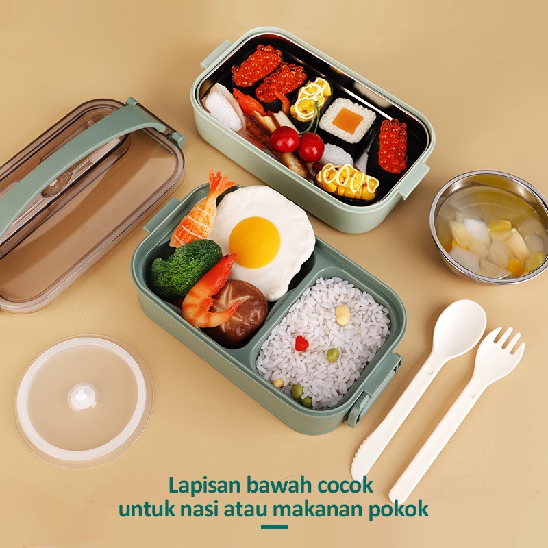 ecentio lunch box tahan panas anti bocor tempat makan stainless steel 2 susun 1200ml dan mangkuk stainless/kotak makan siang free sendok