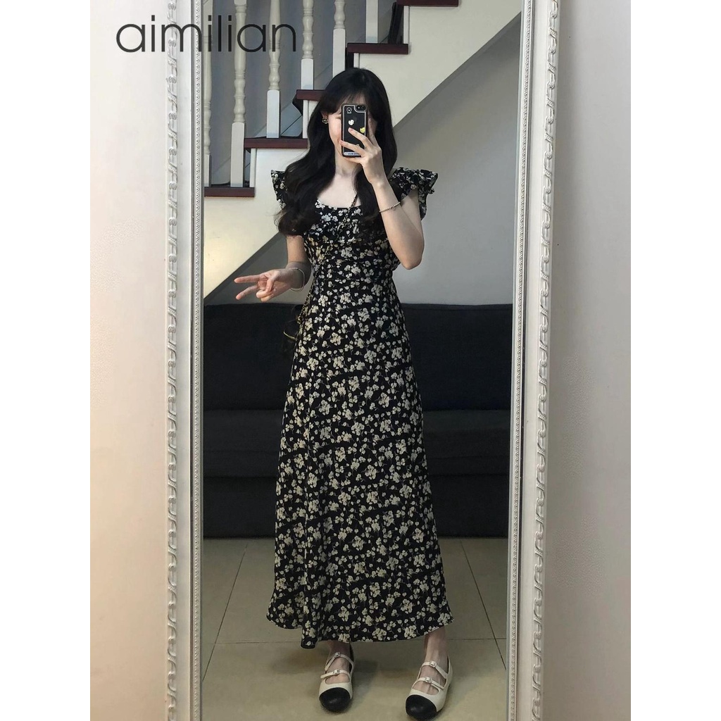 dress floral korea aimilianDress Musim Panas Wanita Hitam Shivering2023aKata Bertali Panjang Gaun