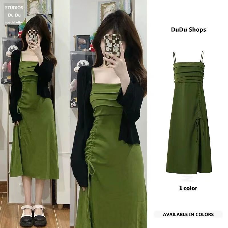 2023Gaun Hijau A-line Prancis, Gaun Ukuran Besar Selempang Tahan Matahari Dua Potong