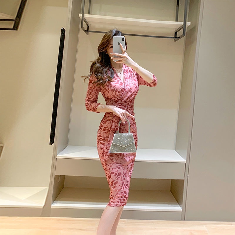 Gaun Merah Muda2023Dress Midi Ketat, Gaun Jala Lengan Panjang Slim-Fit Musim Semi