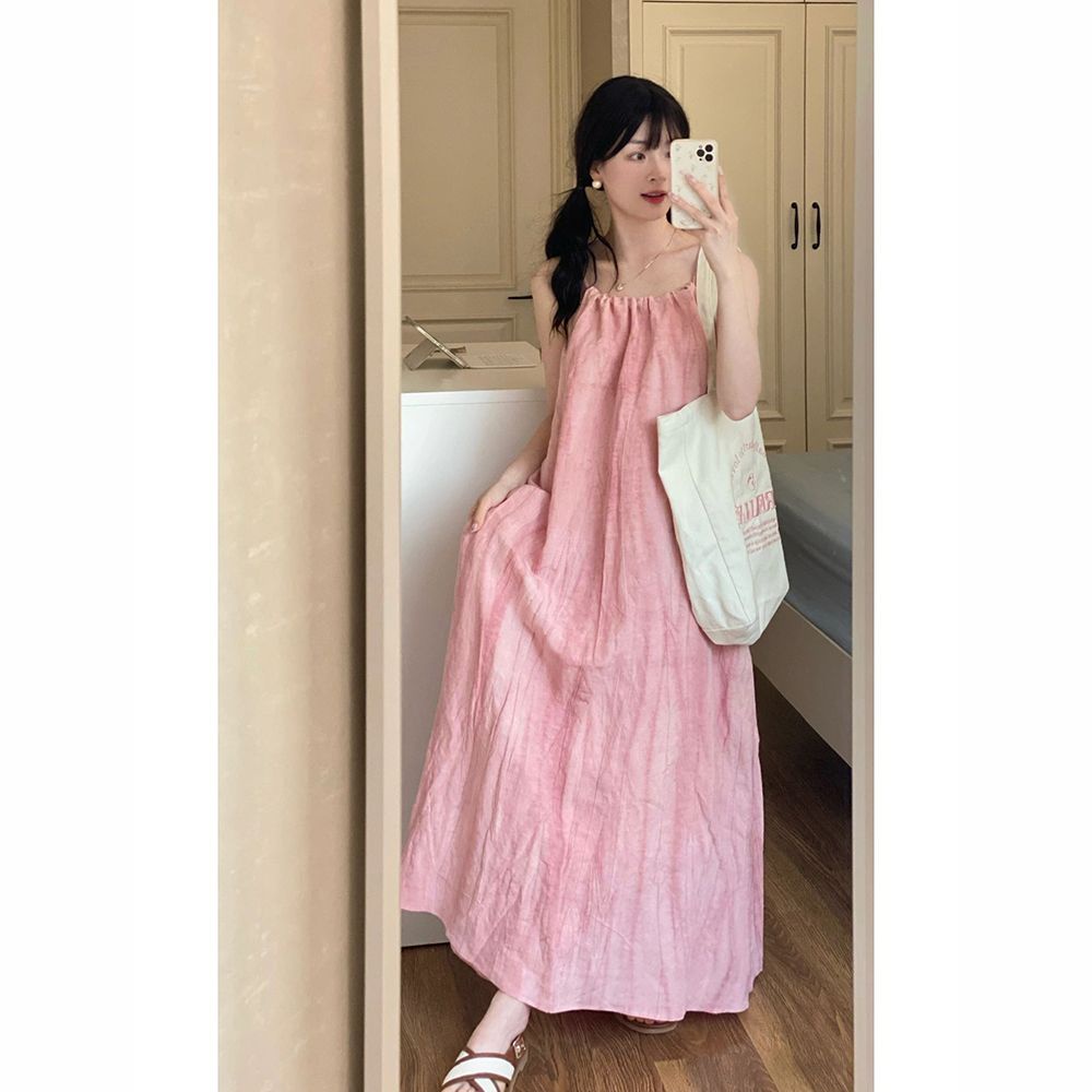 Gaun Suspender Lipit Cantik, Merah Muda untuk Wanita2023Gaun Asli Gaya Korea Musim Panas