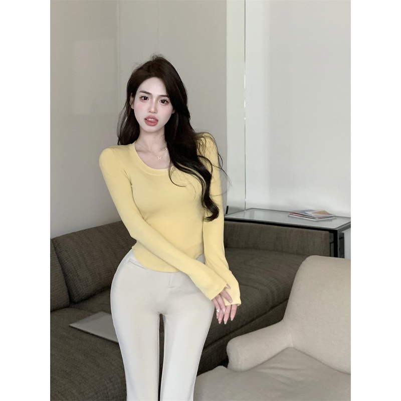 ✠✟✲celana wanita import murni keinginan angin lengan panjang slim pinggang T-shirt top wanita musim semi setelan kasual mikro berkobar celana celana dua potong celana wanita celana highwaist