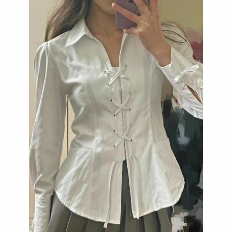 blouse korean style  Gemuk Ukuran Ekstra Besarmm300Jin2022Kemeja Tali Serut Wanita, Gaya Vinta