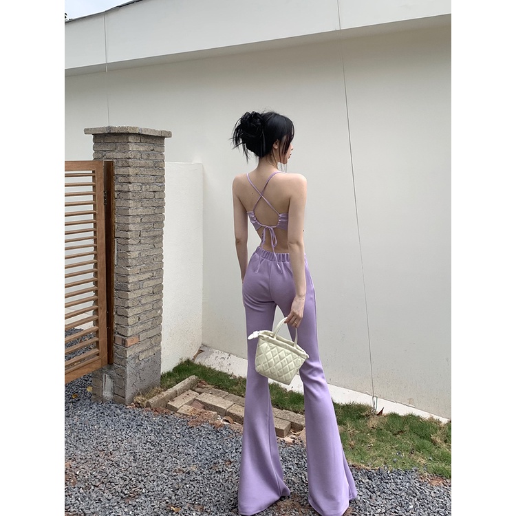 ┋celana wanita import hot girl camisole top women s summer suit small high waist flared trousers mengepel celana two-piece pants wanita celana highwaist