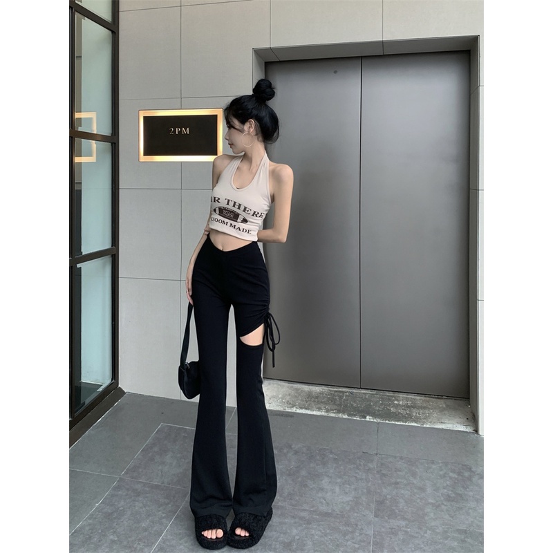 ❖✔♙celana wanita harga murah tali serut hitam berongga kasual celana wanita musim panas pinggang tinggi kecil rasa desain kecil kaki celana berkobar celana celana celana wanita celana pinggang tinggi