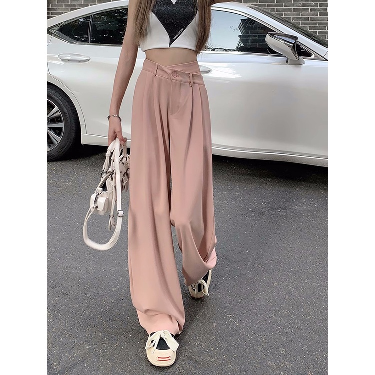 ☄۞▧celana wanita import versi Korea dari drape suit kasual celana wanita musim panas pinggang tinggi celana longgar berkualitas tinggi celana lurus lebar kaki celana celana wanita celana highwaist