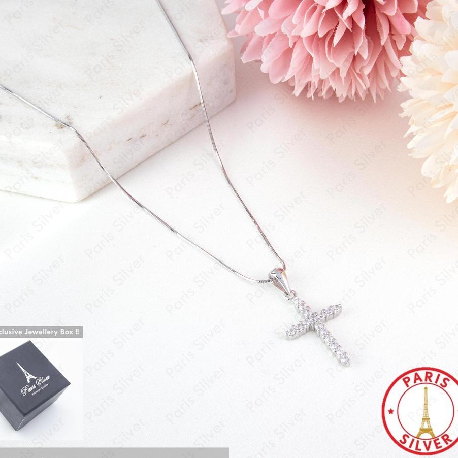 Kalung Salib Wanita Perak 925 Sier Lapis Emas Putih Kualitas Bagus Mewah Kilap Cit Salip