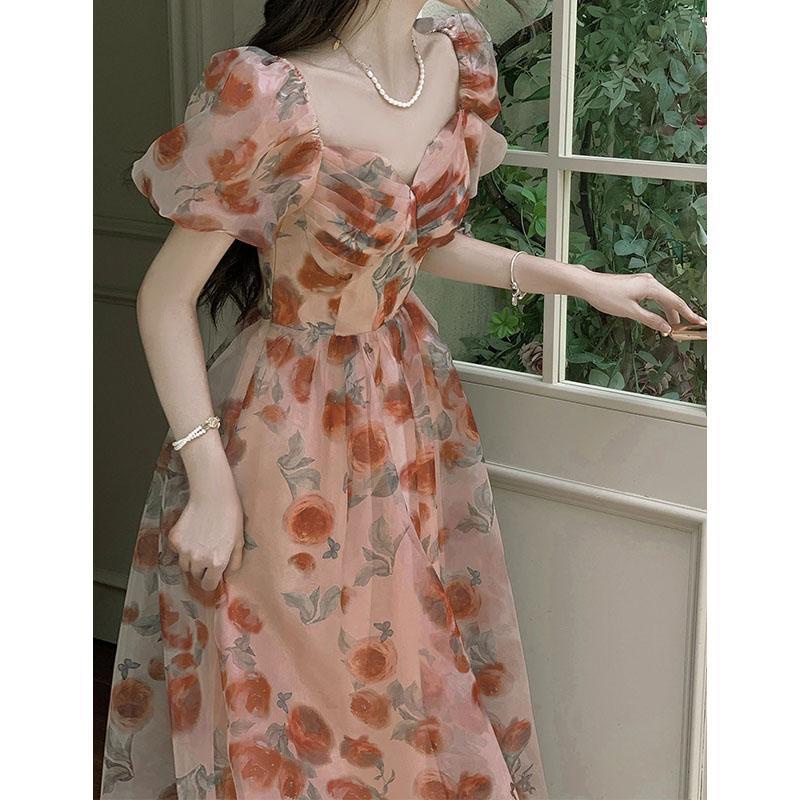 dress floral korea Mawar Retro PerancisVGaun Lengan Mengembang Kerah, Gaun Peri Ketat Pinggang Musim