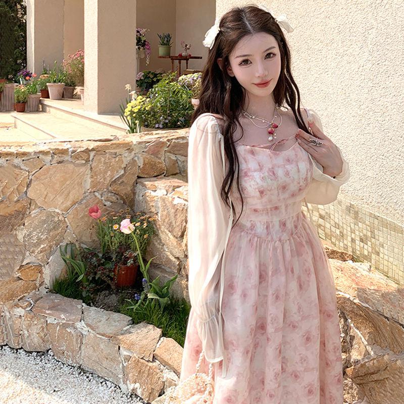 dress floral korea Rasakan Bunga Laut Pertama Cinta Rok Pink Mawar Manis Halter Gaun Panjang