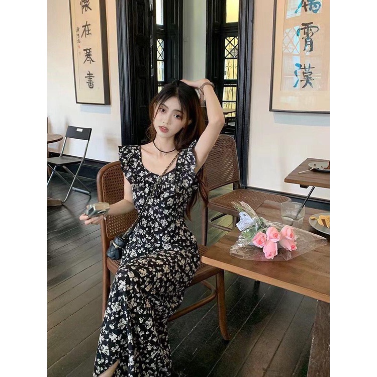 dress floral korea Gaun Rompi Bunga Rempel Wanita, Gaun Musim Panas2023Ketat Pinggang Gaya HepburnAL