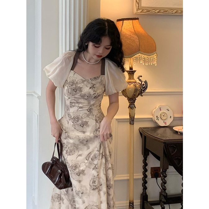 dress floral korea Rok Panjang Wanita, Ukuran Besar Corak Teh Retro Perancis Lengan Puff Pinggang Ro