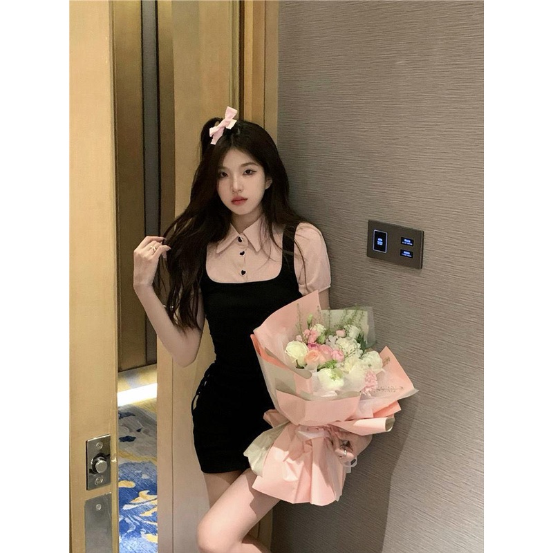 dress floral korea Dua Potong Palsu Dewi Musim PanasPOLOKerah Murni Gaya Rok Pendek Gaun Ketat Rampi