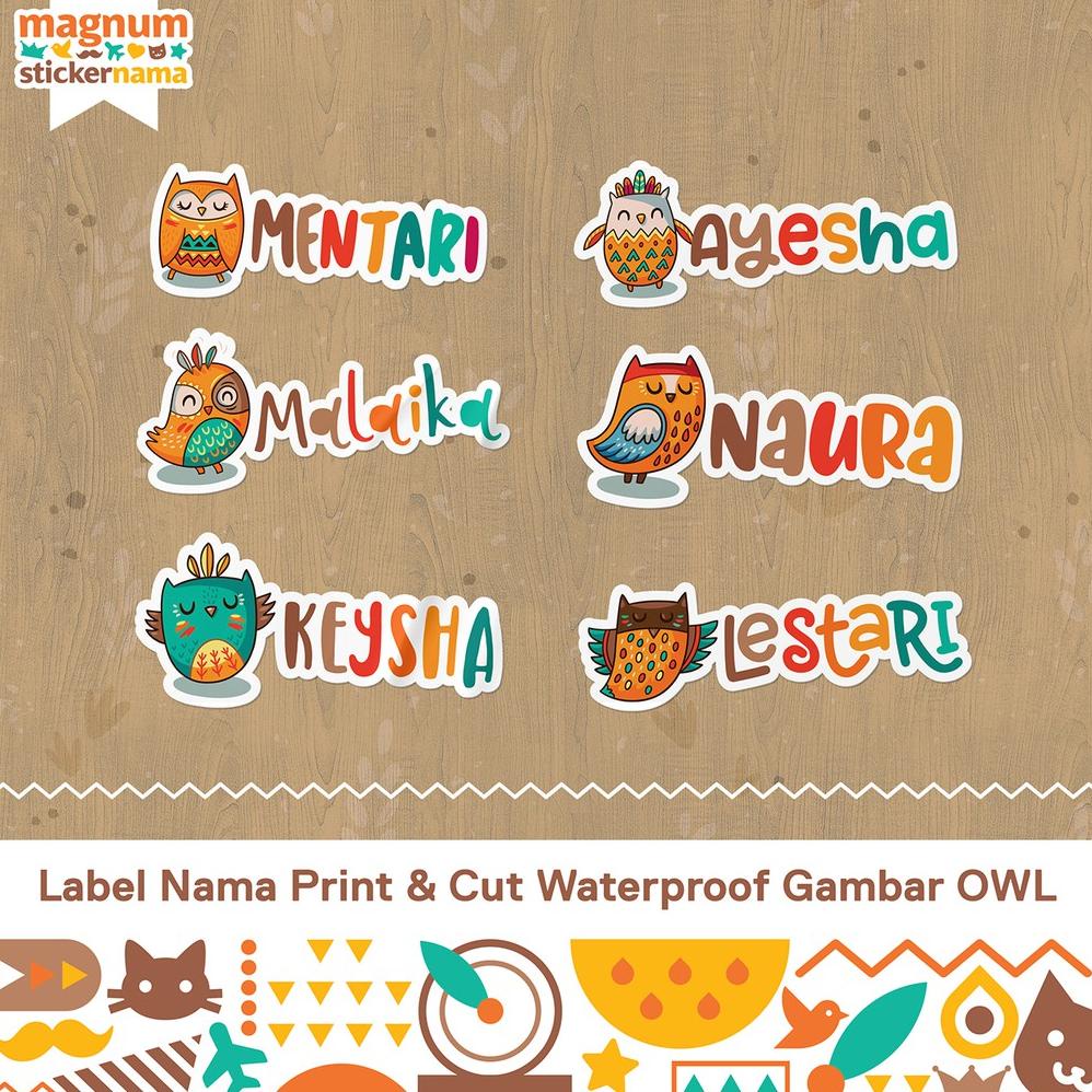 

BAYAR DITEMPAT - Label Nama Waterproof, Stiker Nama Print and Cut Gambar OWL ,.