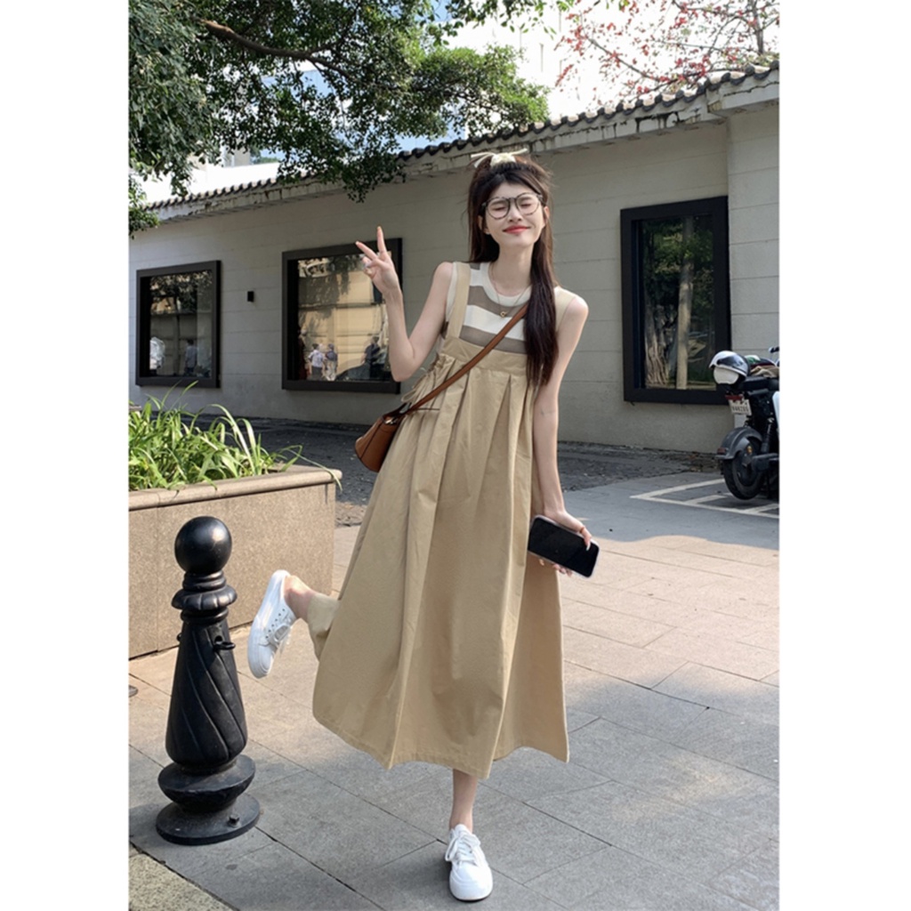 Red Strap dress wanita musim panas gaya baru kecil retro pinggang mid-panjang desain rok tie-up