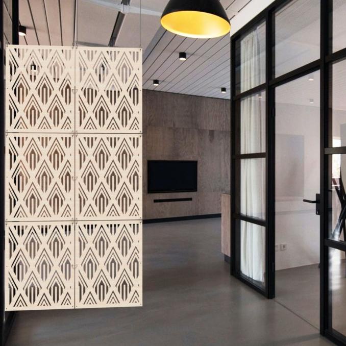 Sekat Pembatas Ruangan Gantung Kayu | Partisi Tirai Kayu Laser Cut