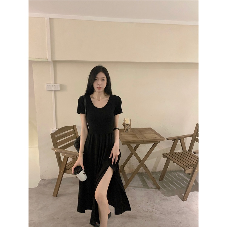 ◐☾☑Gaun Musim Panas Pantai Bahasa Perancis Temperamen Hitam Lengan Pendek Gaun Musim Panas Wanita Gaya Hepburn Rok Pinggang Pelangsing Rok A-line Rok Panjang Celah