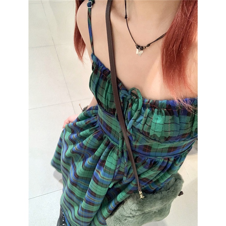 ❍♗gaun musim panas pantai Perancis gaun retro rok panjang rasa desain ceruk rok kotak-kotak wanita musim panas backless rok suspender pantai rok