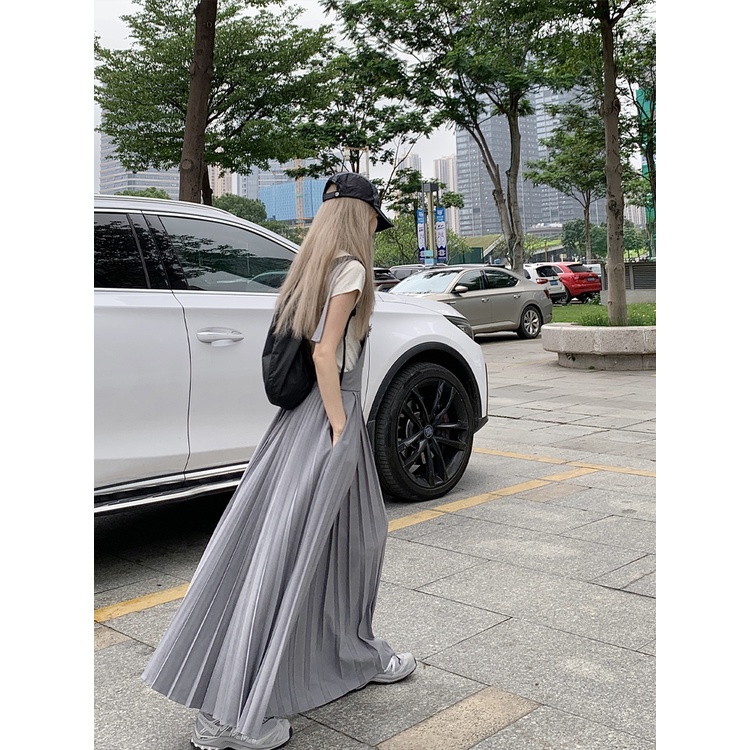 ☂☼┇gaun musim panas pantai putih tali selempang gaun musim panas wanita pinggang pelangsing rok lipit desain temperamen rok tali selempang chic rok panjang